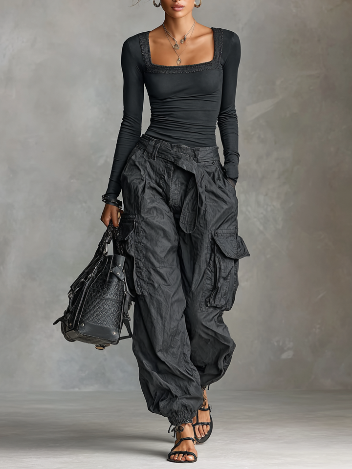 Two-Piece Set Long Sleeve T-Shirt with Square Neck and Multi-Pocket Cargo Pants Jasmine's Boutique Australia