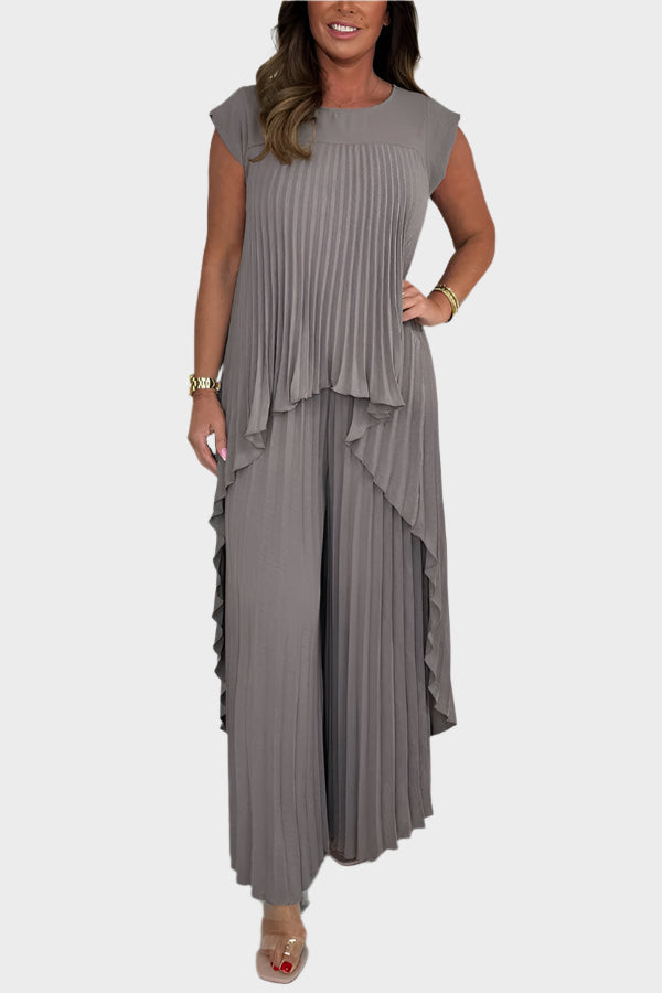 Set with Pleated Top with Short Sleeves and Irregular Midi Length, Wide-Leg Pants with Elastic Waist Jasmine's Boutique Australia