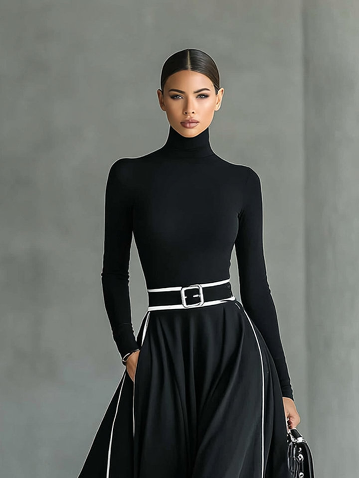 Black Maxi Dress with White Stitching, High Neck, Long Sleeves, and Fitted Waist Jasmine's Boutique Australia