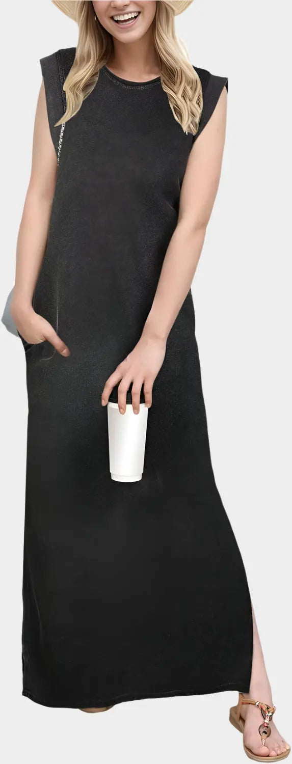 2025 Women Year-Round Casual Round Neck Loose Split Wrinkle-Free Long Maxi Vacation Dress with Pockets Jasmine's Boutique Australia