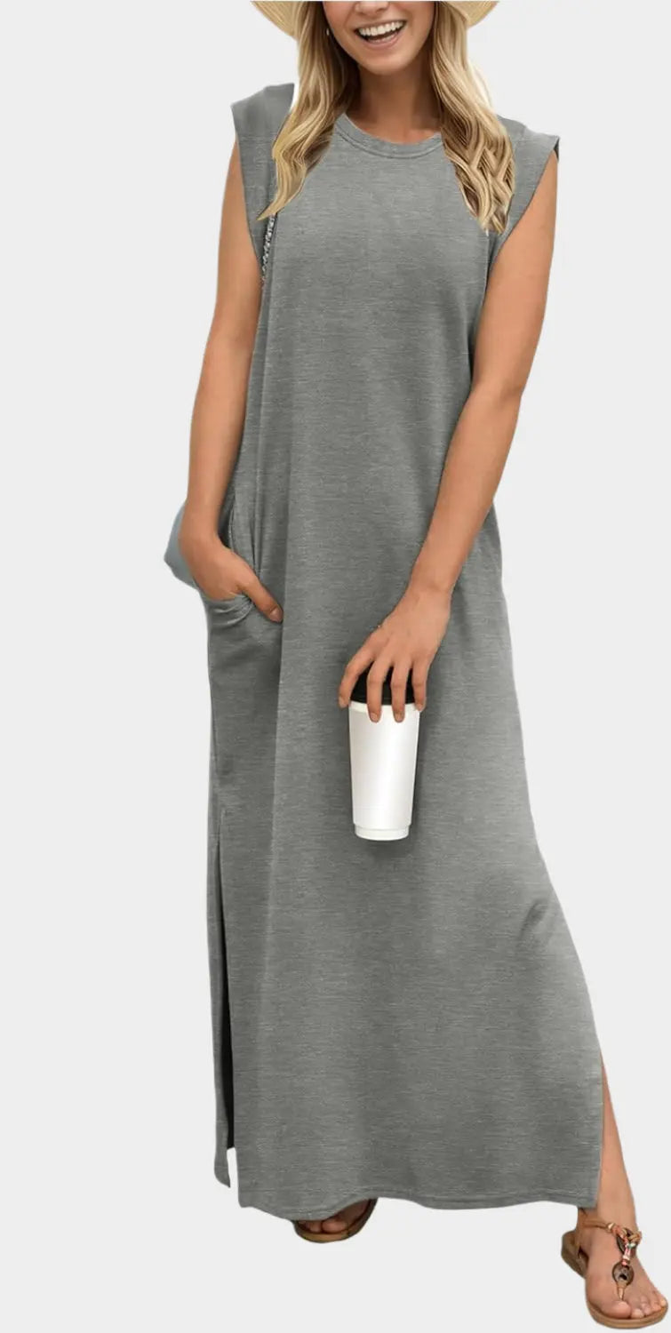 2025 Women Year-Round Casual Round Neck Loose Split Wrinkle-Free Long Maxi Vacation Dress with Pockets Jasmine's Boutique Australia