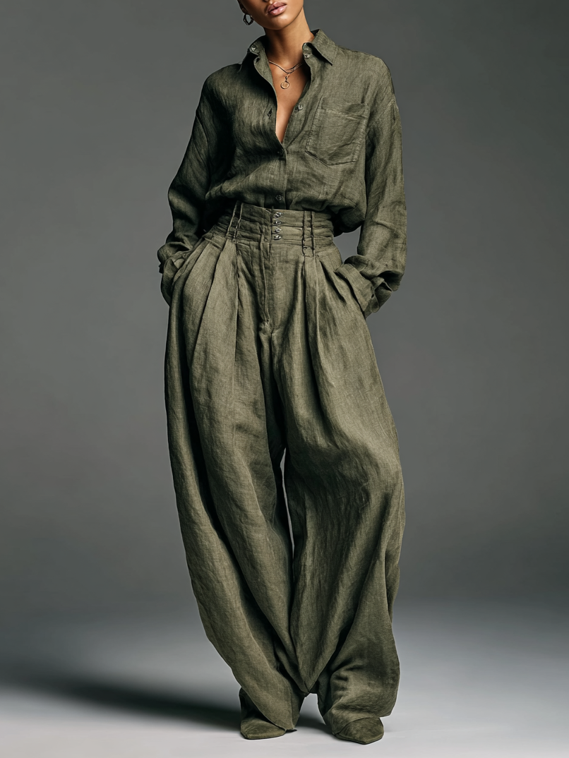 Two-Piece Women's Cotton and Linen Set with Long Sleeve Shirt and Wide Leg Pants Jasmine's Boutique Australia