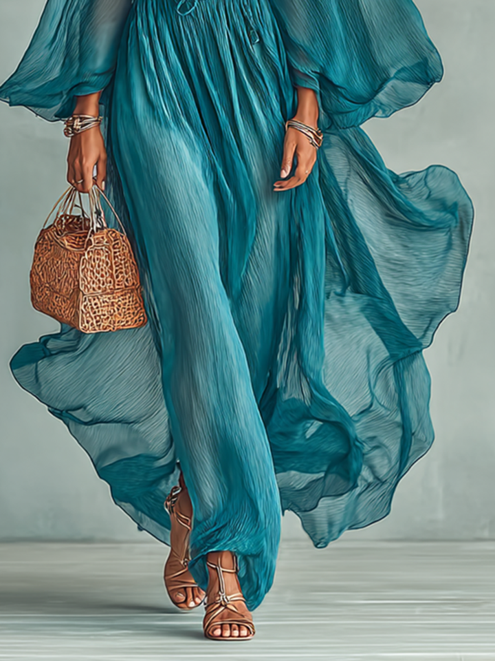 Maxi Chiffon Dress with Round Neck and Long Sleeves for Women, with Adjustable Waist Jasmine's Boutique Australia