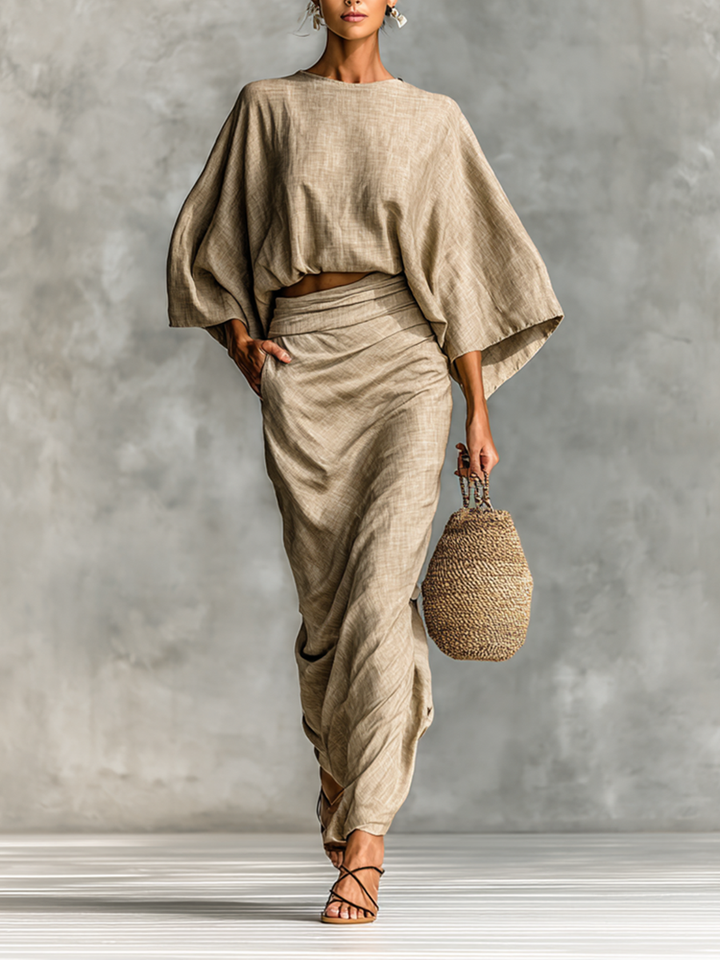 Two-Piece Set Long Skirt Batwing Sleeve Cotton and Linen Jasmine's Boutique Australia