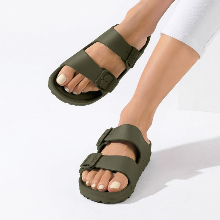 Khaki Double Buckle Slide Sandals Jasmine's Boutique Australia