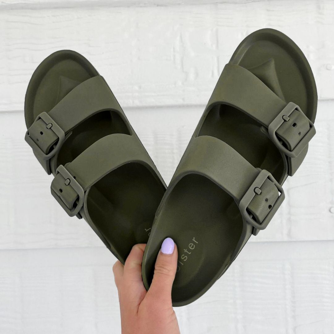 Khaki Double Buckle Slide Sandals Jasmine's Boutique Australia