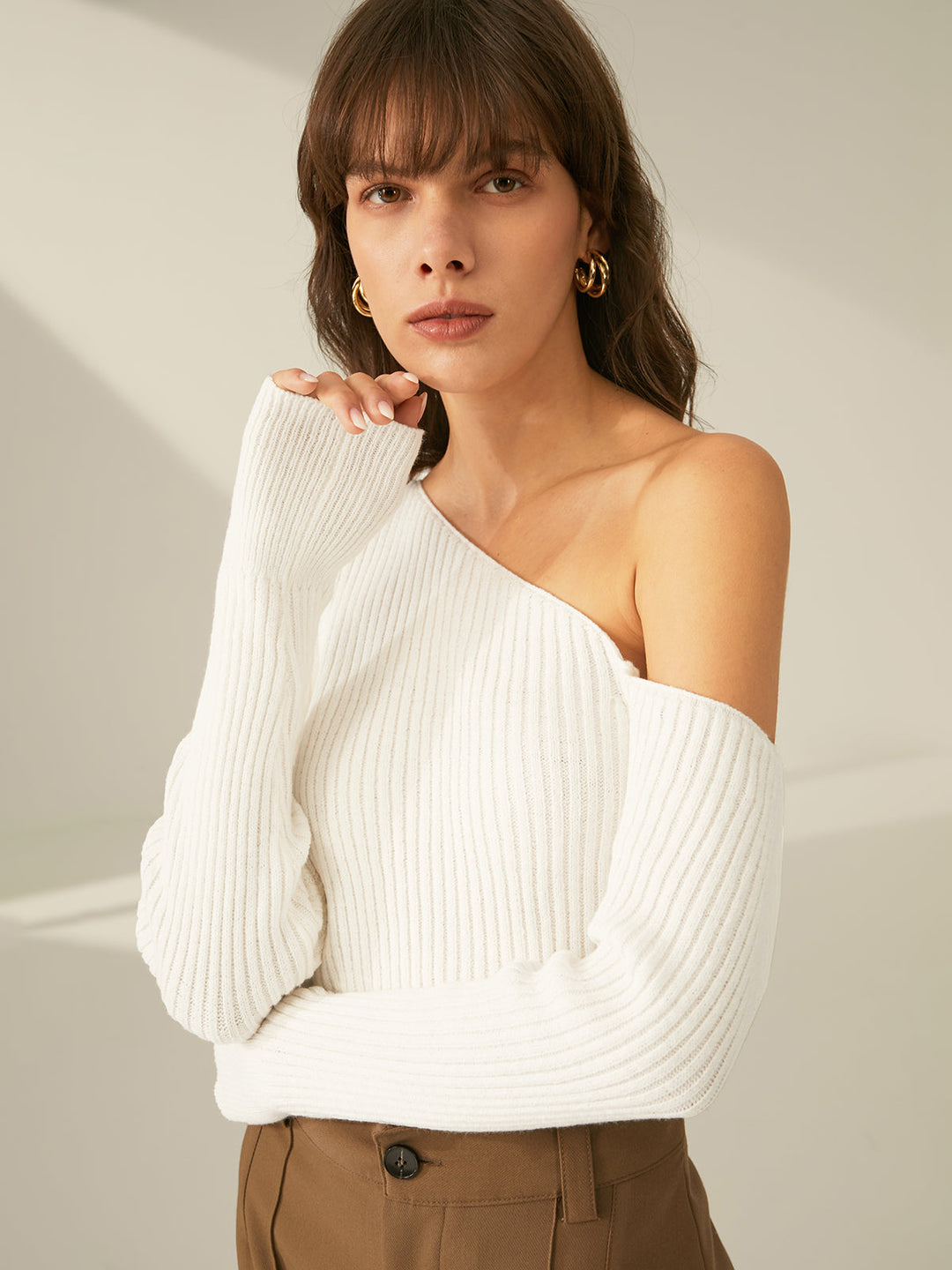 One Shoulder Long Sleeve Ribbed Pullover Sweater  Liora Lane Boutique Sweaters White / XL 28.00