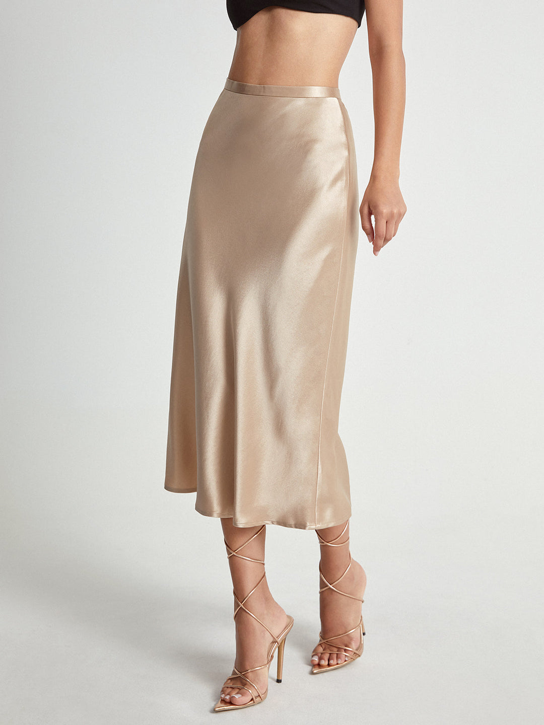 High Waisted Satin Flowy Midi Skirt  Liora Lane Boutique Skirts Apricot / XL 38.00