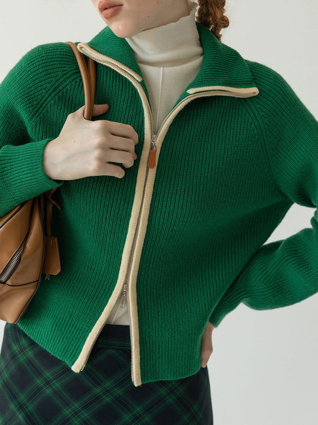 Two Way Zip Contrast Trim Cardigan  Liora Lane Boutique Cardigans Green / XL 49.00