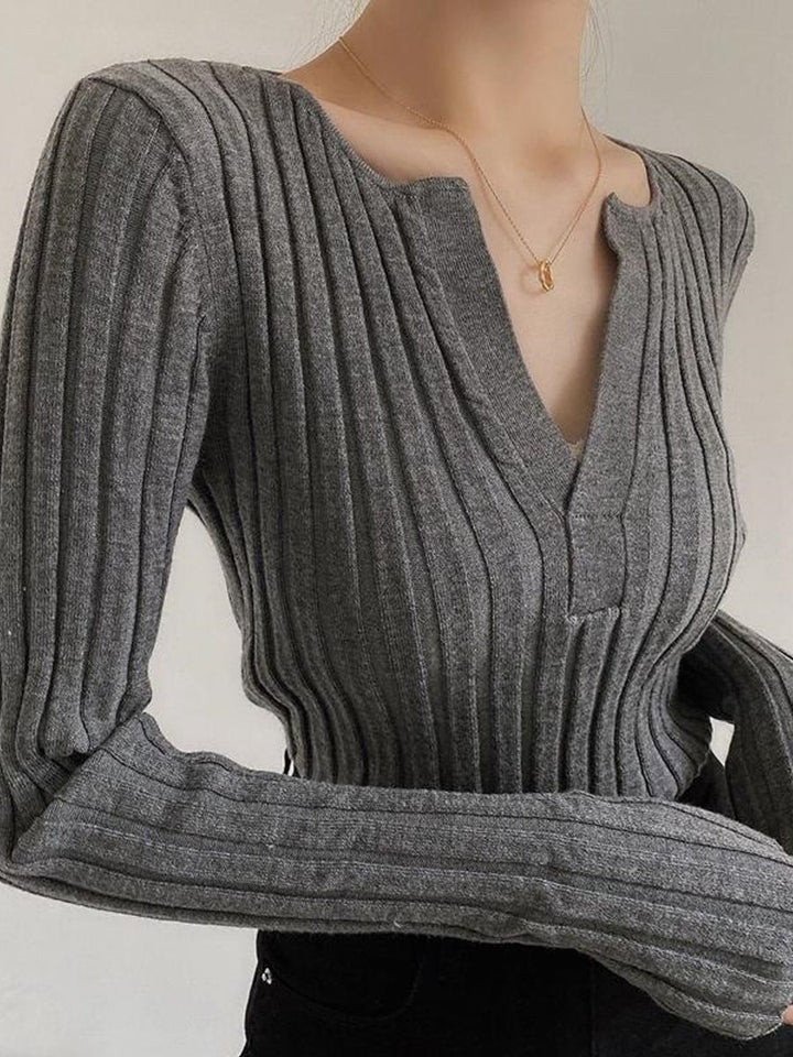 Solid Textured V-neck Knit Top  Liora Lane Boutique Knit Tops Grey / XL 36.00