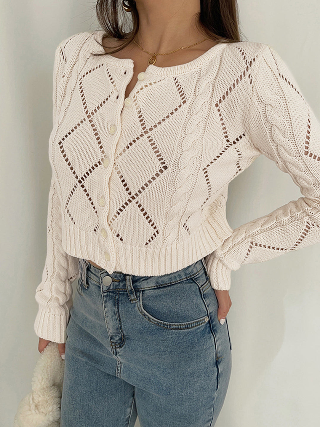 Diamonds Eyelet Button Up Knit Top  Liora Lane Boutique Cardigans