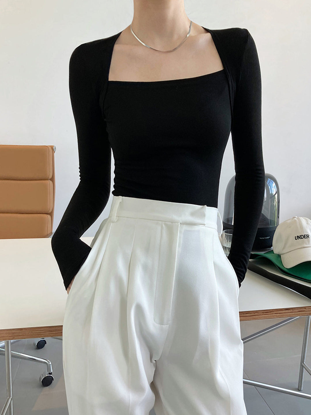 Square Neck Solid Long Sleeve Shirt  Liora Lane Boutique T-Shirts Black / XL 19.00