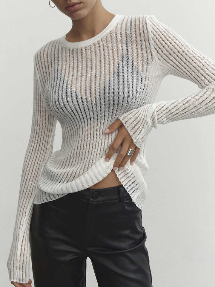 See Through Ribbed Mesh Top  Liora Lane Boutique Knit Tops White / XL 84.99
