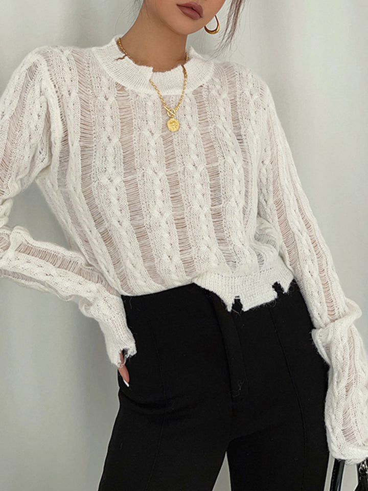 Semi-Sheer Snowflake Crochet Knit Shirt  Liora Lane Boutique Knit Tops White / XL 36.00