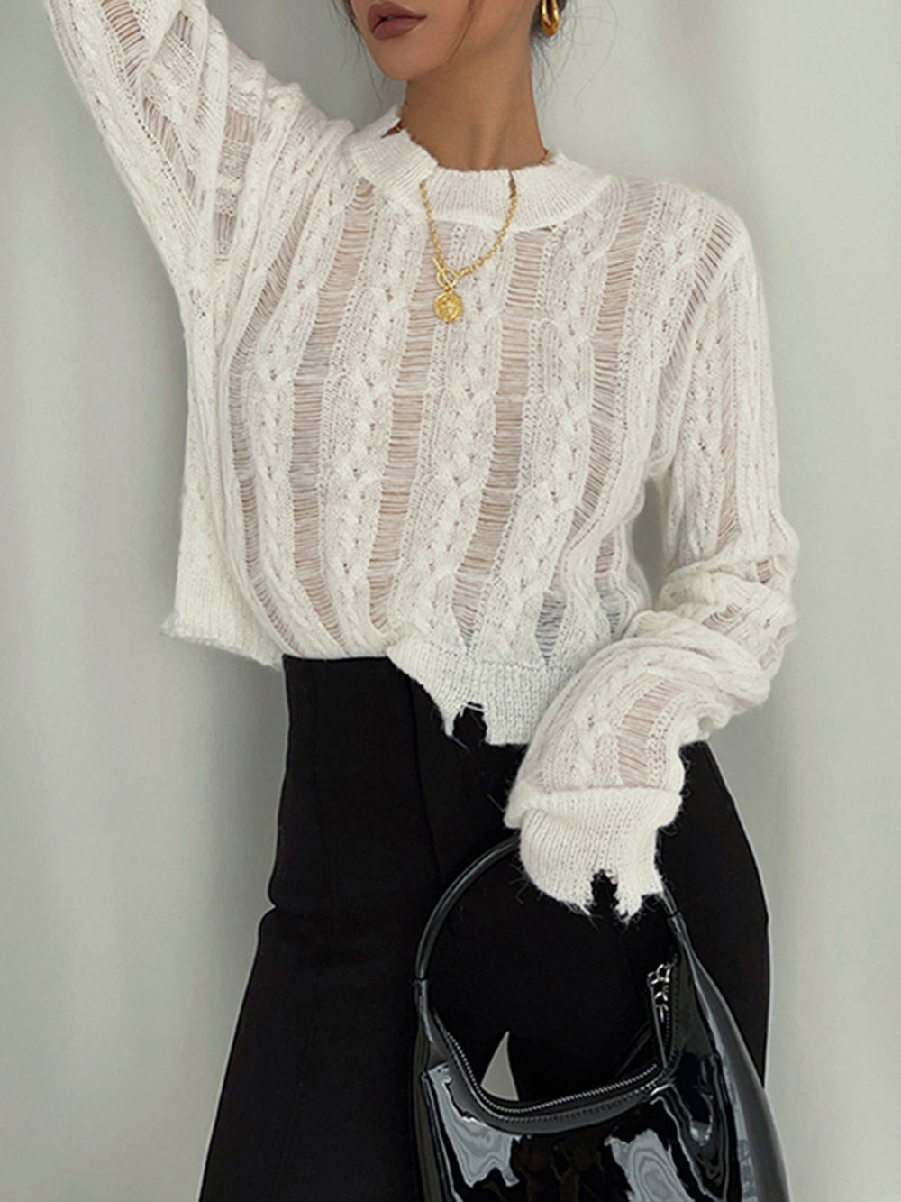 Semi-Sheer Snowflake Crochet Knit Shirt  Liora Lane Boutique Knit Tops