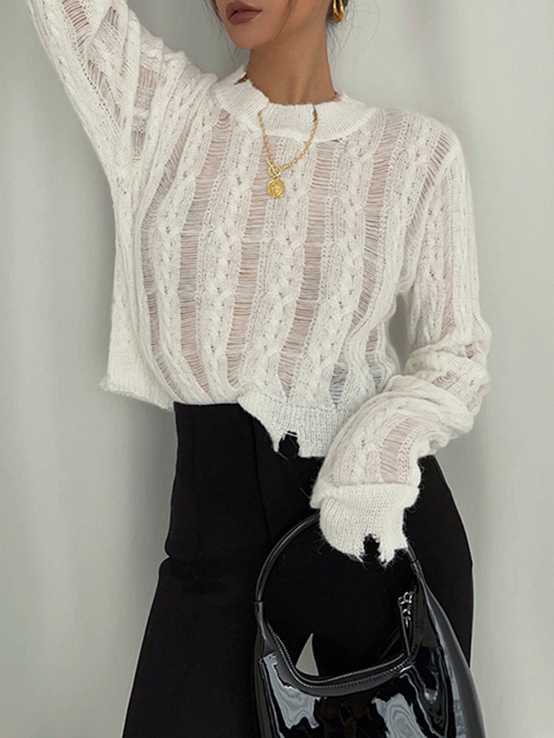 Semi-Sheer Snowflake Crochet Knit Shirt  Liora Lane Boutique Knit Tops