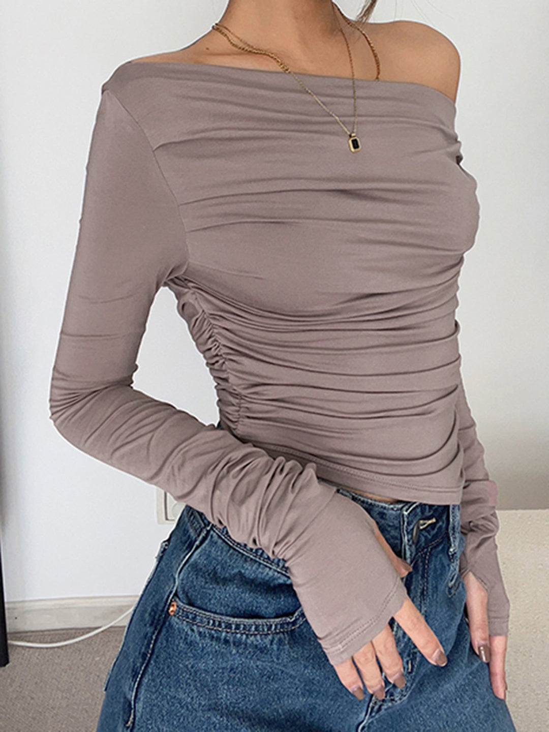 Asymmetrical Off Shoulder Long Sleeve Shirt  Liora Lane Boutique T-Shirts