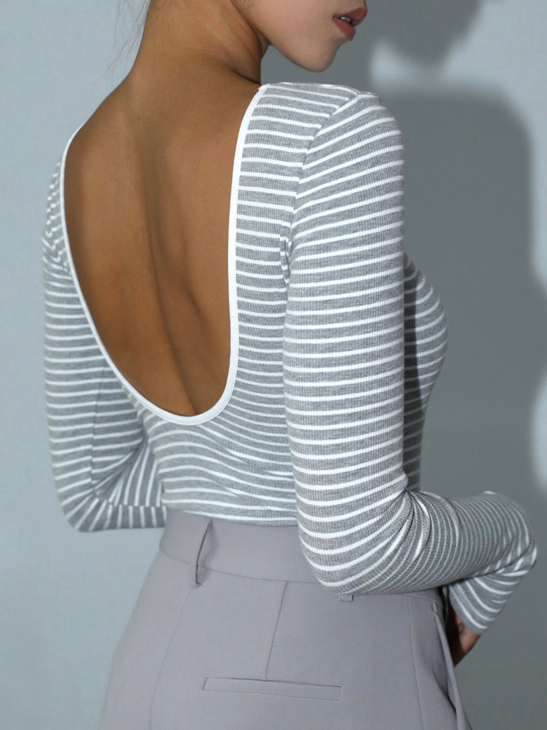 Open Back Stripe Long Sleeve Bodysuit  Liora Lane Boutique Bodysuits