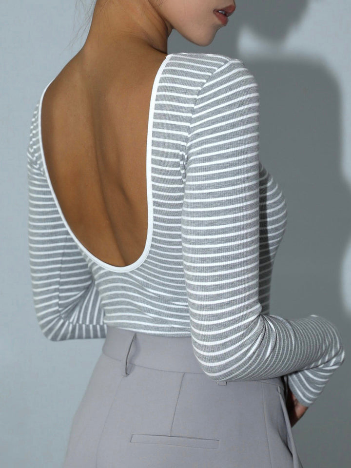 Open Back Stripe Long Sleeve Bodysuit  Liora Lane Boutique Bodysuits