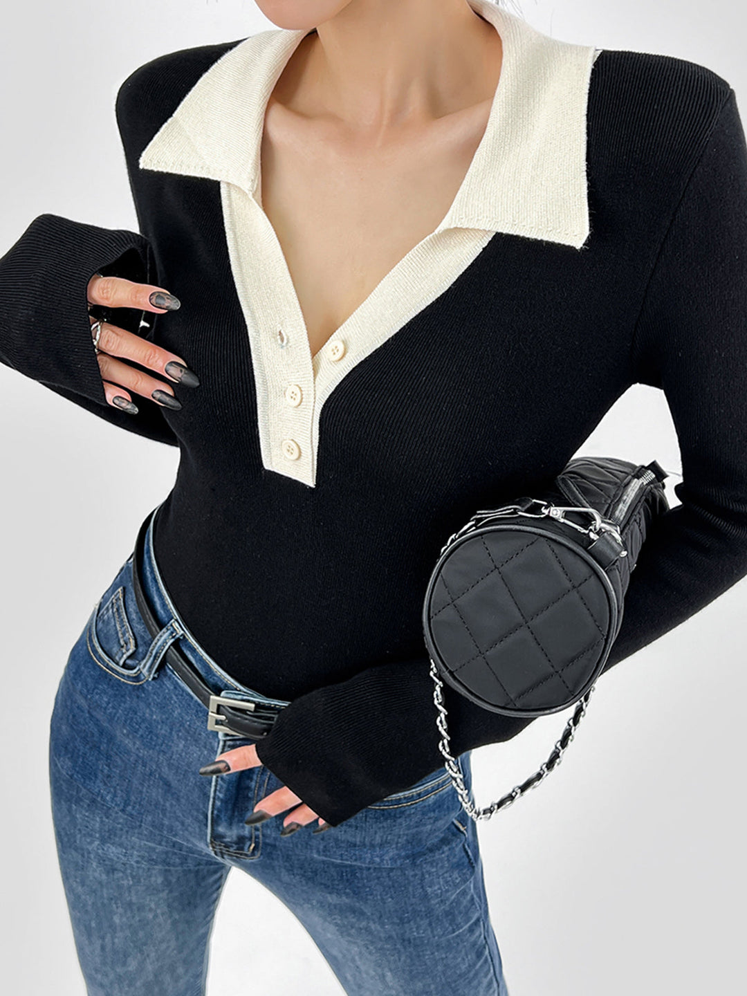 Contrast Trim Button Up Ribbed Shirt  Liora Lane Boutique Knit Tops