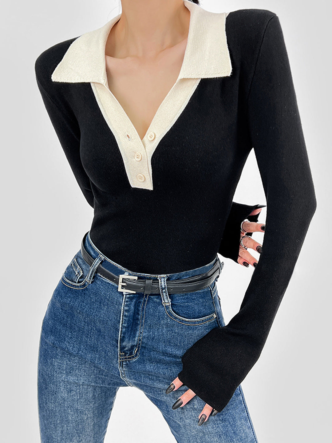 Contrast Trim Button Up Ribbed Shirt  Liora Lane Boutique Knit Tops Black / XL 36.00