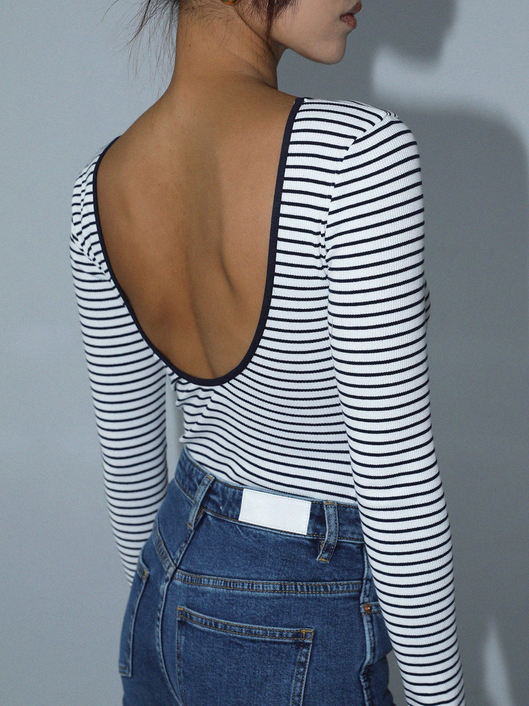 Open Back Stripe Long Sleeve Bodysuit  Liora Lane Boutique Bodysuits