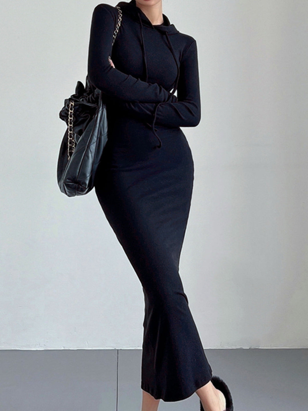 Drop Shoulder Drawstring Hooded Dress  Liora Lane Boutique Dresses Black / XL 121.99