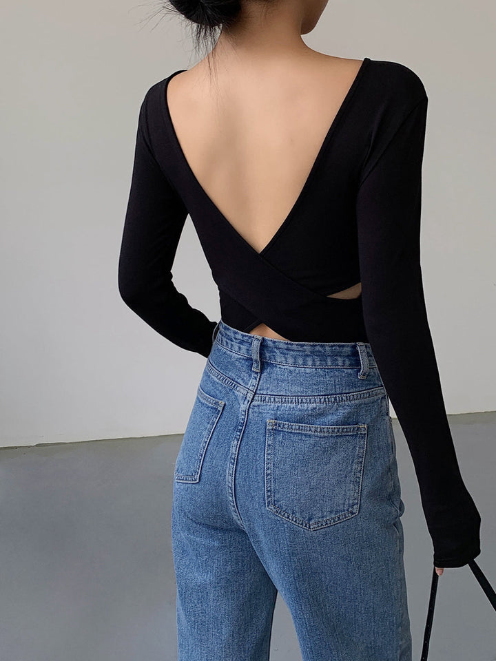 V-Shape Open Back Long Sleeve Shirt  Liora Lane Boutique T-Shirts Black / XL 25.00