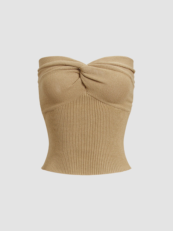Sweetheart Twist Ribbed Crop Tube Strapless Top  Liora Lane Boutique Knit Tops Khaki / XL 64.99
