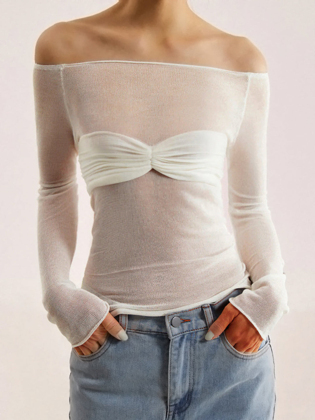 Semi-Sheer Off-Shoulder Mesh Long Sleeve Shirt  Liora Lane Boutique Knit Tops