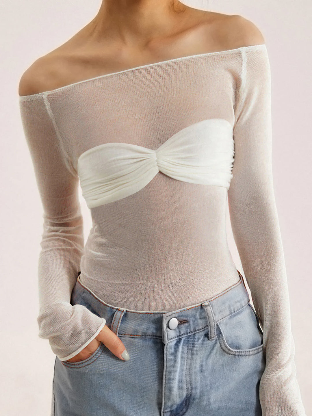 Semi-Sheer Off-Shoulder Mesh Long Sleeve Shirt  Liora Lane Boutique Knit Tops