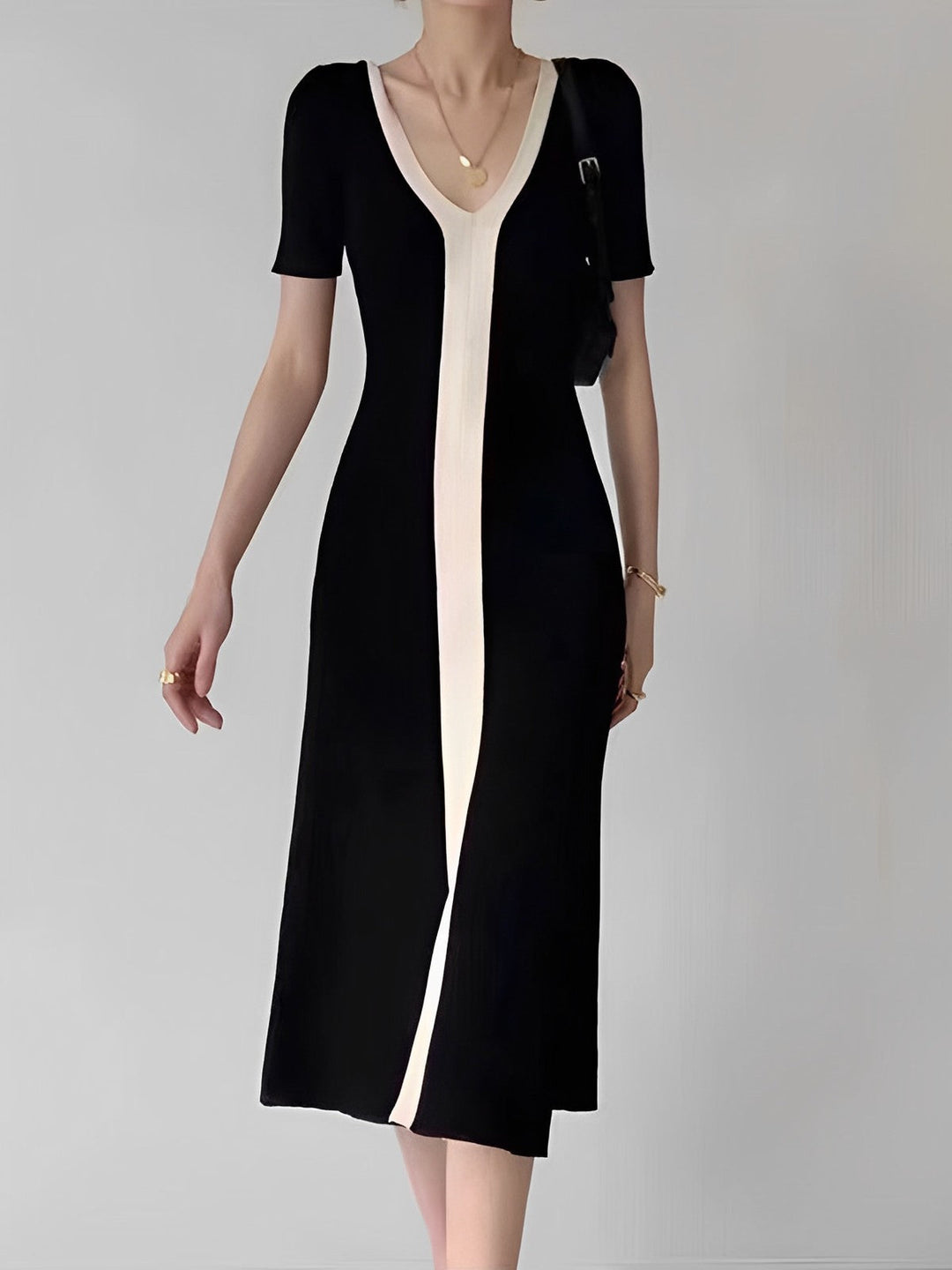 Two Tone V-Neck Knit Slit Midi Dress  Liora Lane Boutique Sweater Dresses Black / XL 116.99