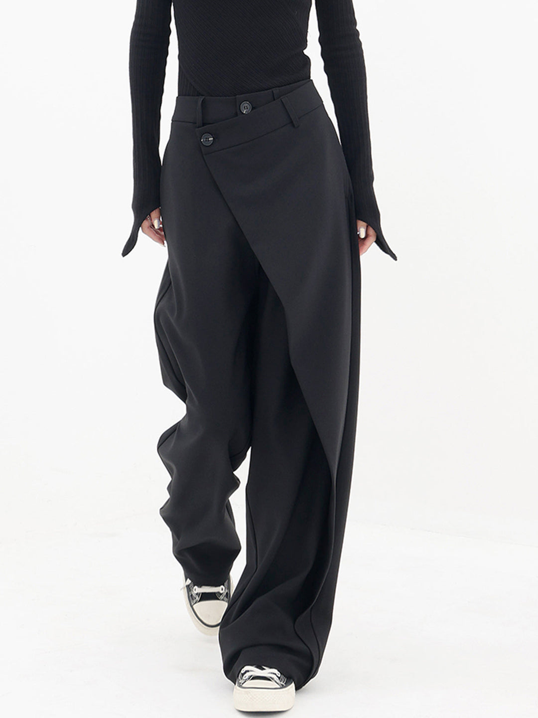 Asymmetrical Layer Button Wide Leg Dress Pants  Liora Lane Boutique Pants Black / XL 52.00