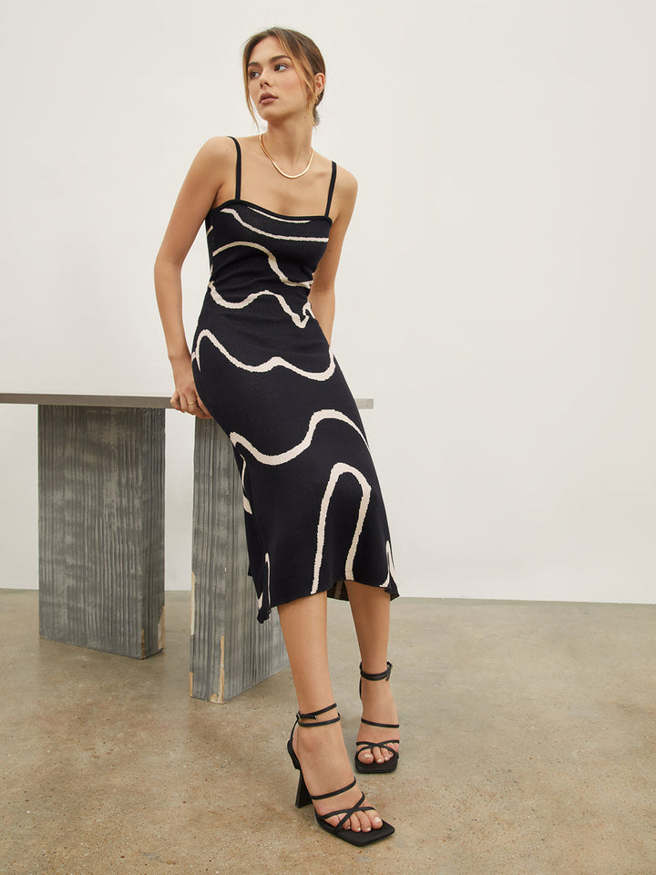 Wavy Print Strap Midi Dress  Liora Lane Boutique Sweater Dresses Black / XL 107.99