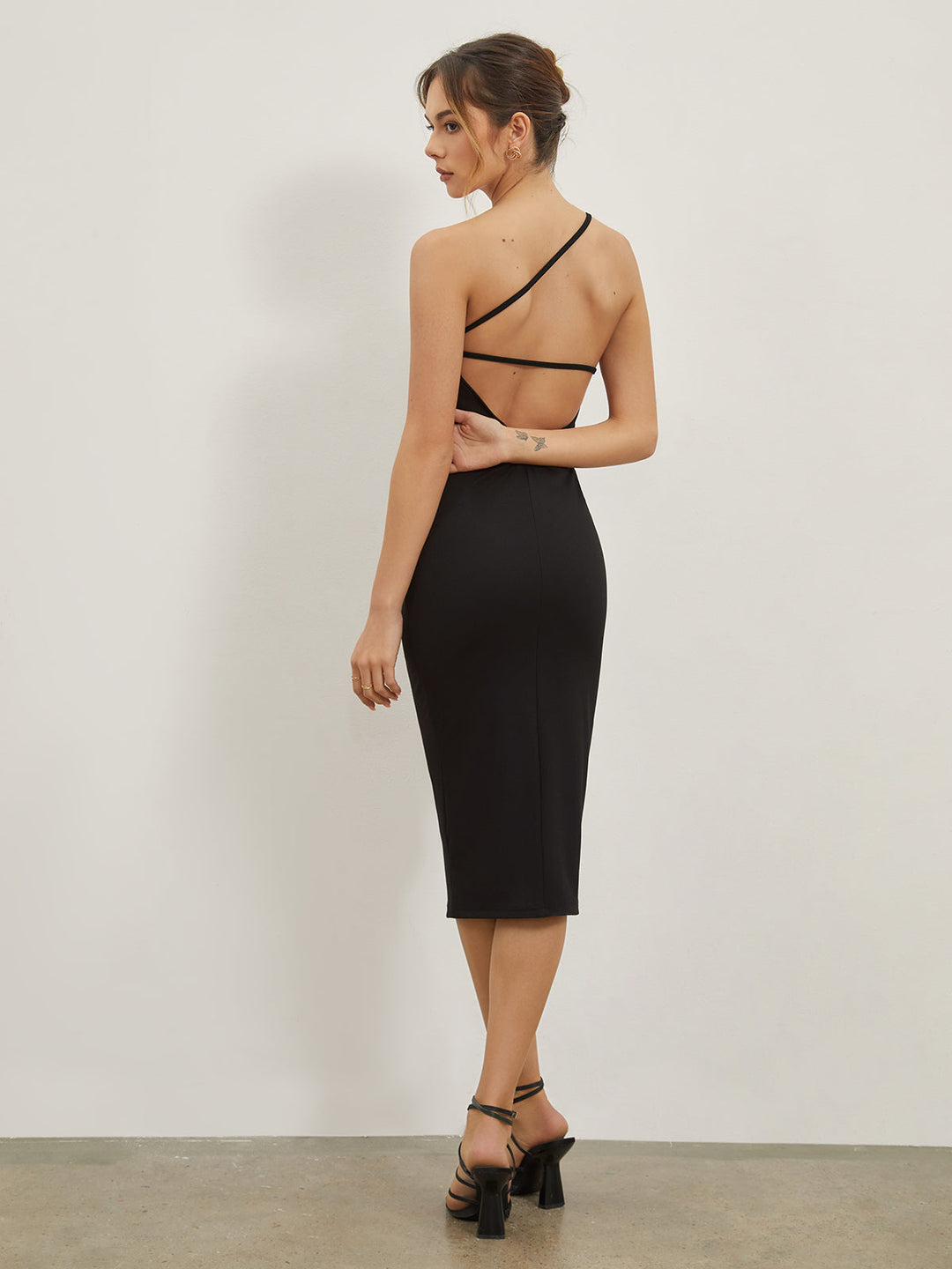 Asymmetrical Strap Open Back Midi Dress  Liora Lane Boutique Knit Dresses Black / XL 97.99