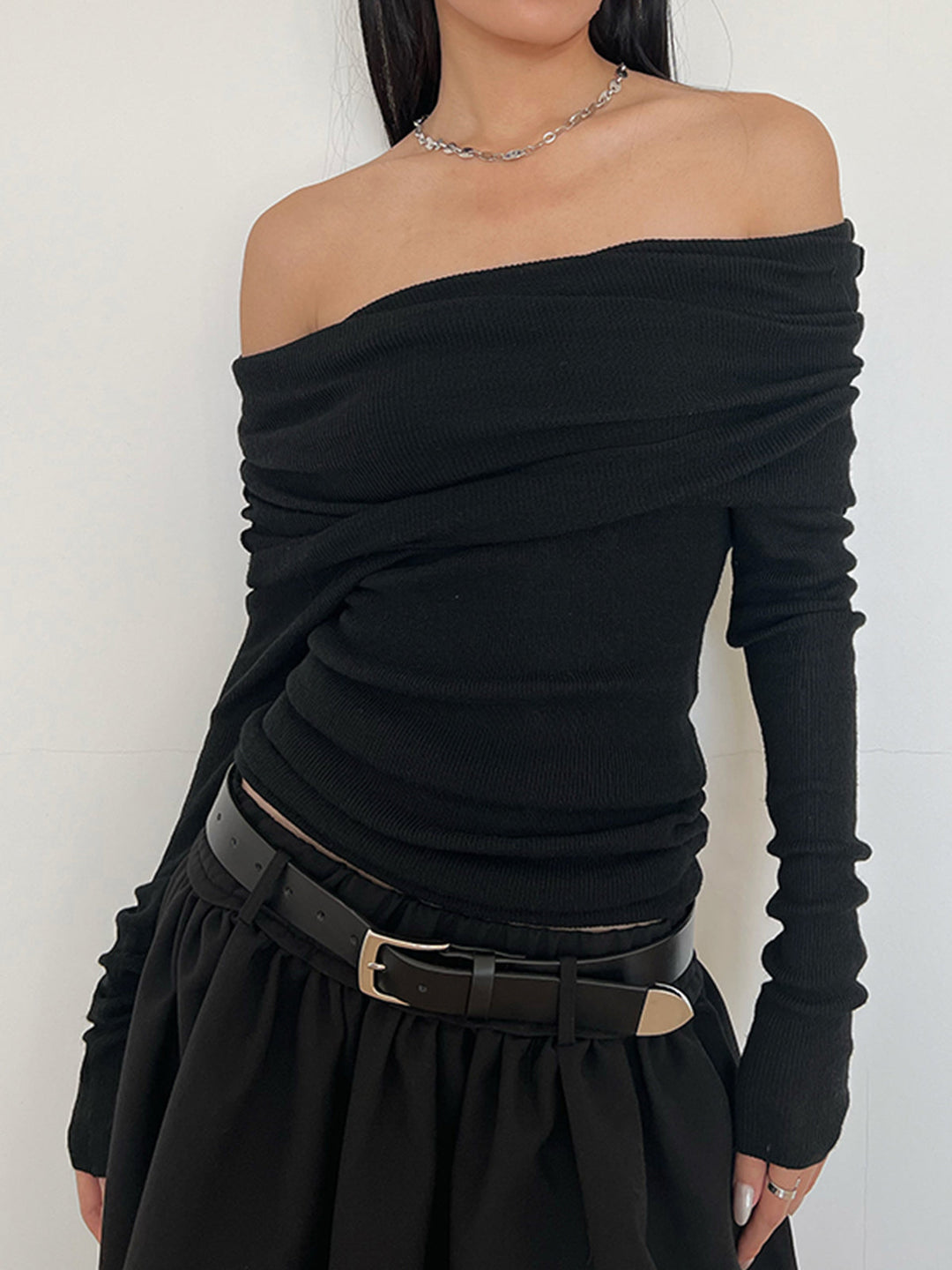 Semi-Sheer Overfold Off-Shoulder Shirt  Liora Lane Boutique T-Shirts Black / XL 94.99