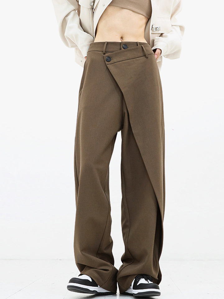 Asymmetrical Layer Button Wide Leg Dress Pants  Liora Lane Boutique Pants Light Brown / XL 52.00