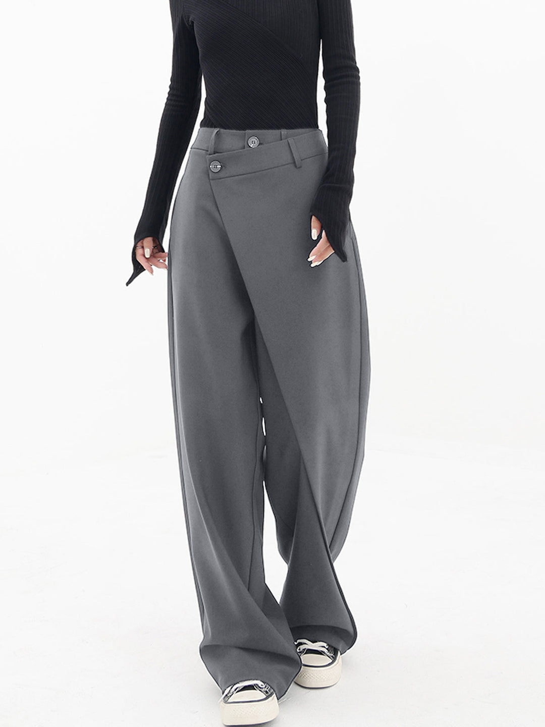 Asymmetrical Layer Button Wide Leg Dress Pants  Liora Lane Boutique Pants Grey / XL 52.00