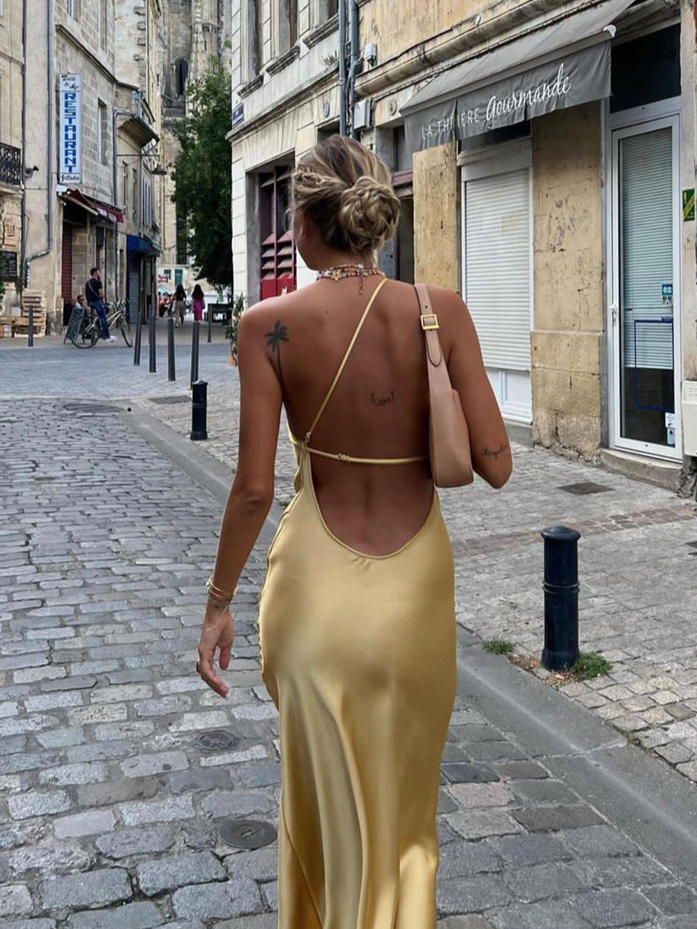 Moonlight Open Back Satin Slit Long Dress  Liora Lane Boutique Dresses