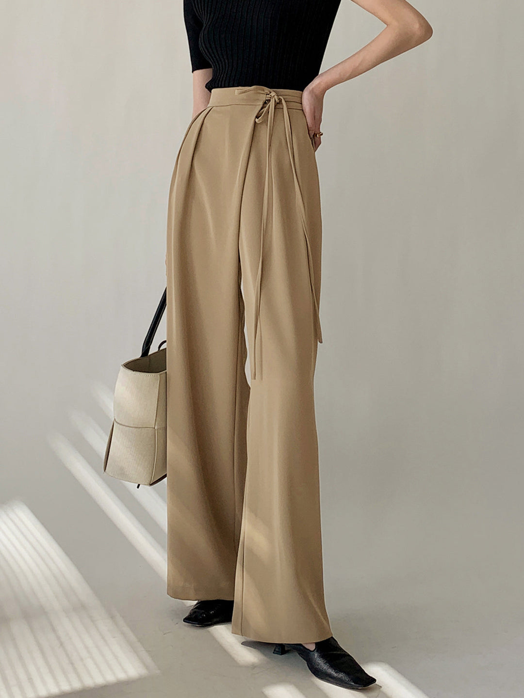 Tie Waist Flowy Wide Leg Dress Pants  Liora Lane Boutique Pants Khaki / XL 45.00