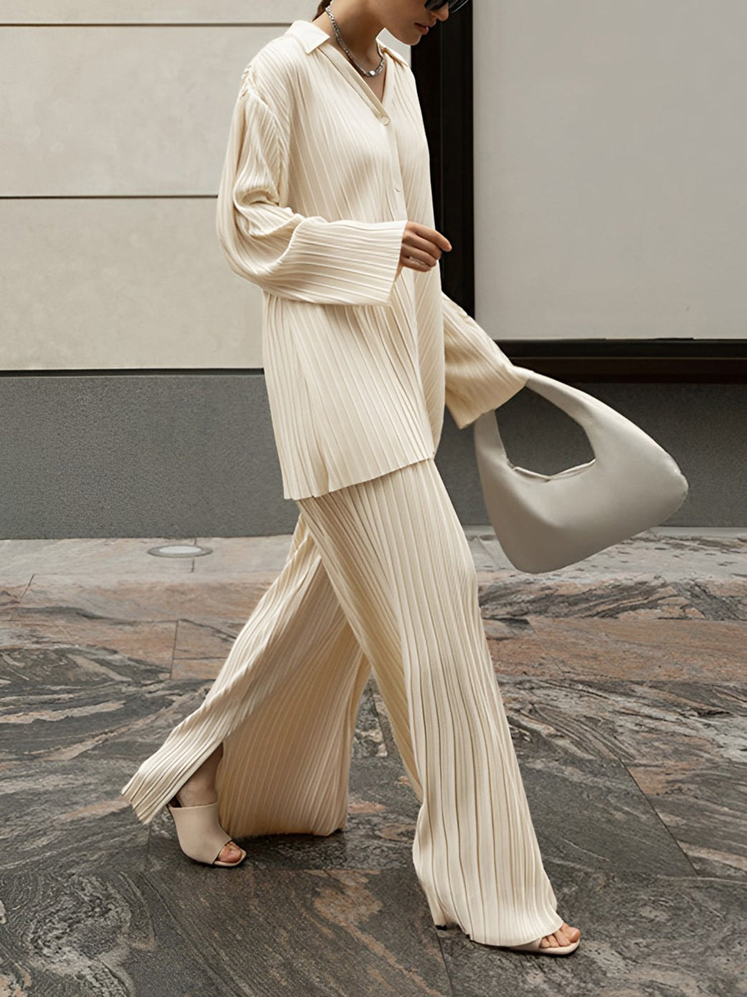 Oversized Leisure Pleat Pockets Two Piece Pants Set  Liora Lane Boutique Pant Sets Off-White / XL 147.99