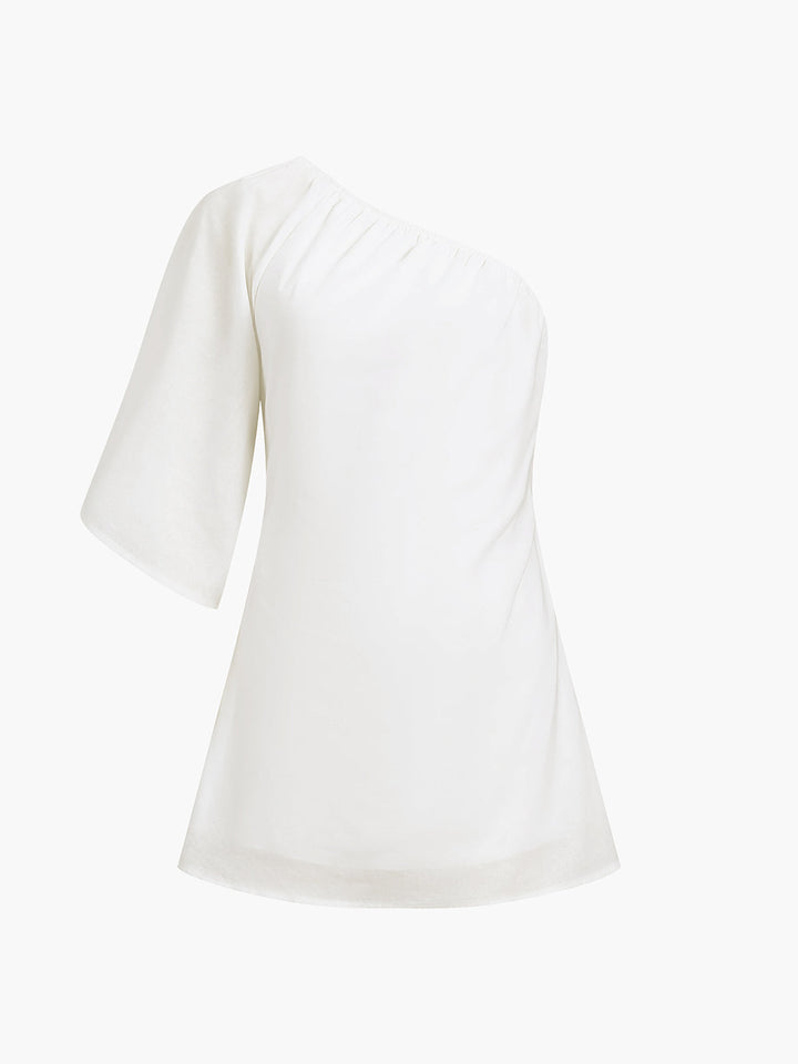 Aegean Cotton Linen One Sleeve Short Dress  Liora Lane Boutique Dresses