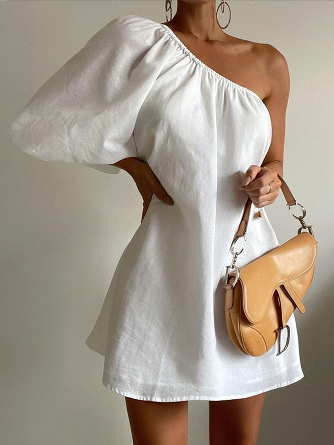 Aegean Cotton Linen One Sleeve Short Dress  Liora Lane Boutique Dresses White / XL 84.99
