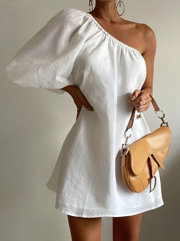 Aegean Cotton Linen One Sleeve Short Dress  Liora Lane Boutique Dresses White / XL 84.99