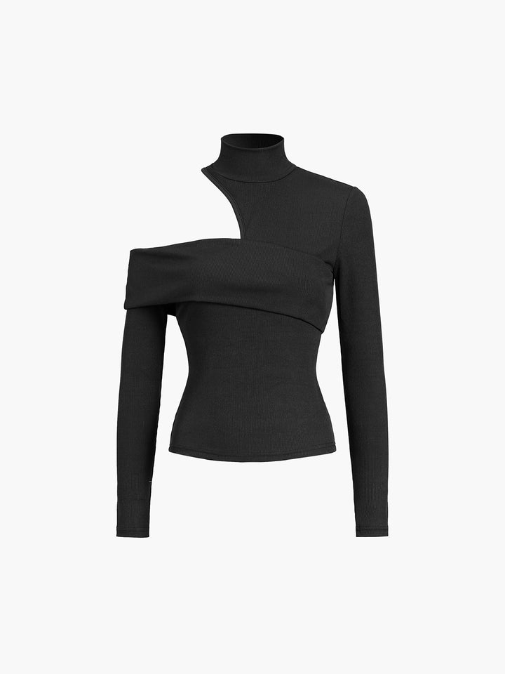 Mock Neck Oblique Cutout Rib Long Sleeve Knit Top  Liora Lane Boutique T-Shirts Black / XL 29.00