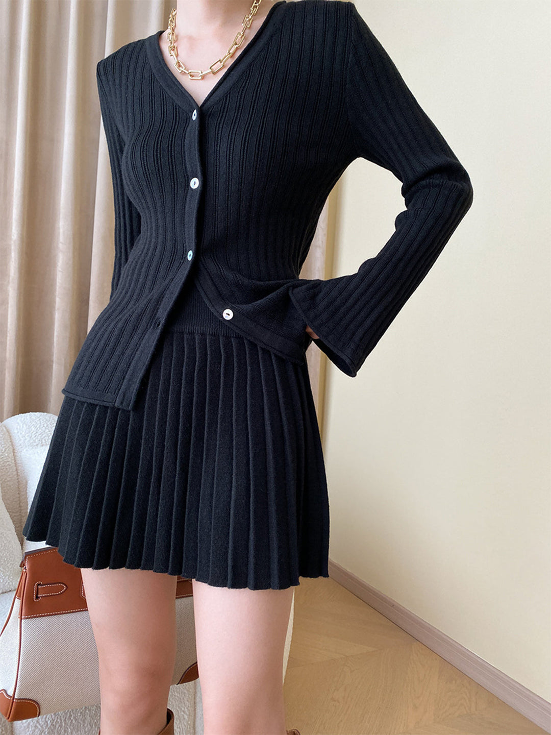 Leisure Long Sleeve Two Piece Skirt Set  Liora Lane Boutique Skirt Sets Black / XL 72.00