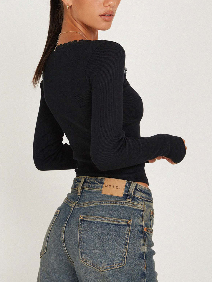 Lace Trim Long Sleeve Crop Top  Liora Lane Boutique T-Shirts