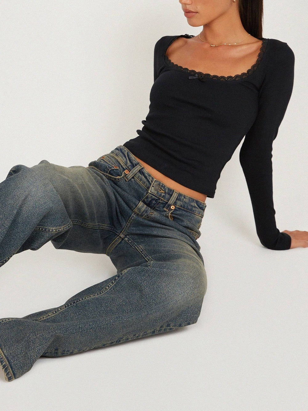 Lace Trim Long Sleeve Crop Top  Liora Lane Boutique T-Shirts