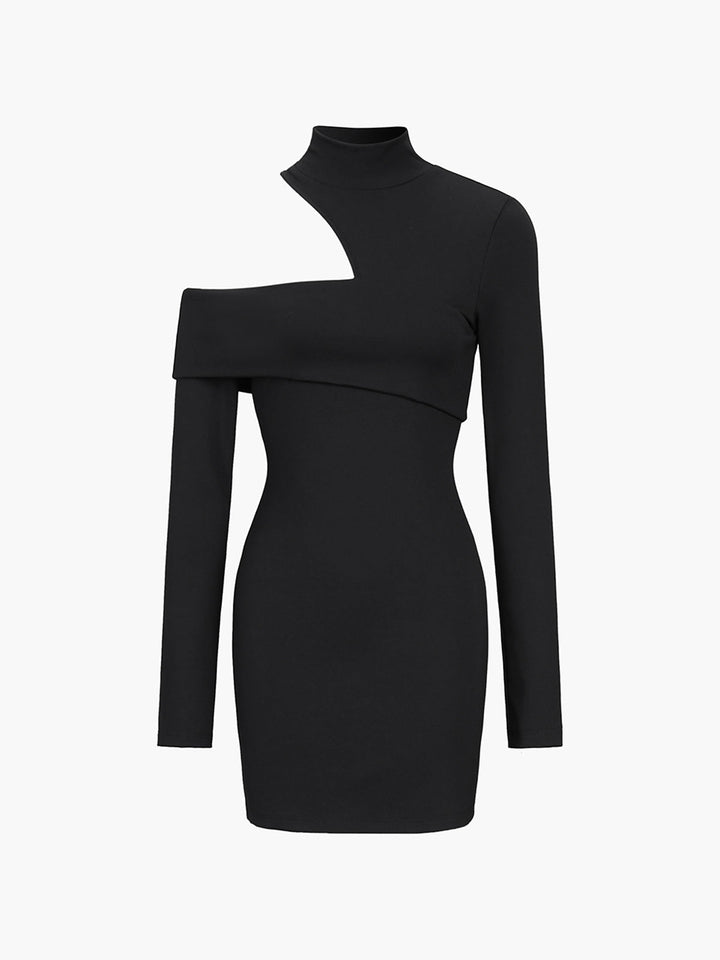 Mock Neck Oblique Cutout Rib Long Sleeve Short Dress  Liora Lane Boutique Dresses