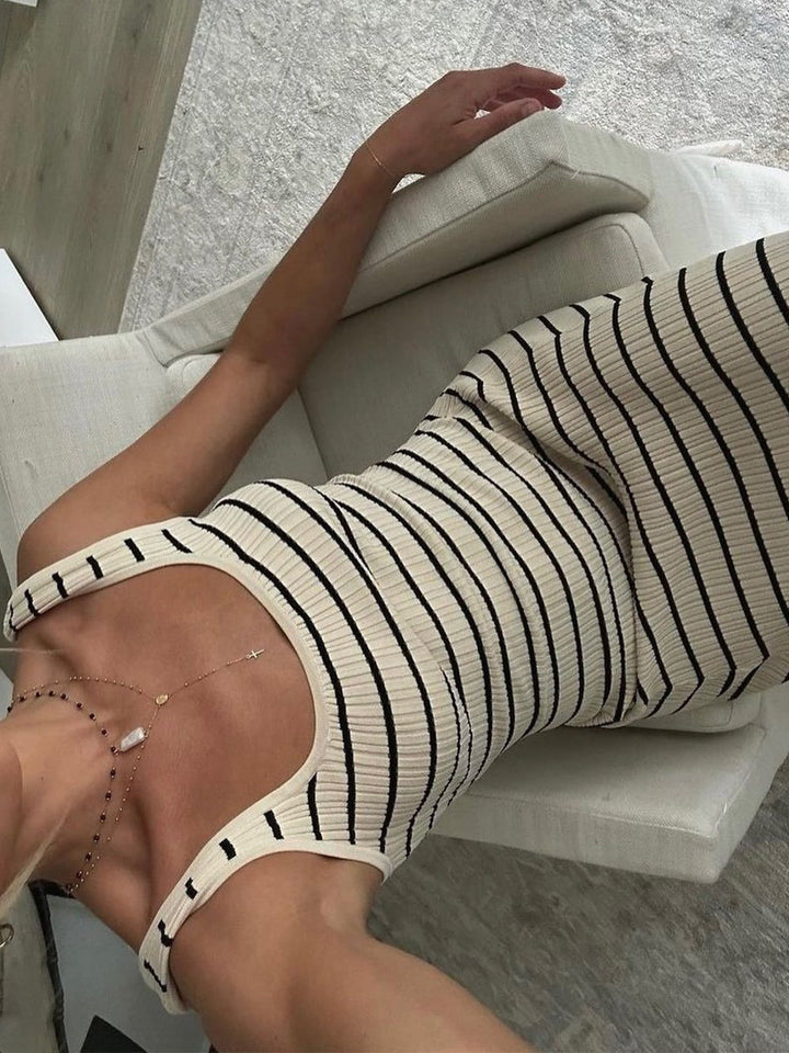 Old Money Aesthetics Stripe Long Knit Dress  Liora Lane Boutique Sweater Dresses Apricot / XL 122.99